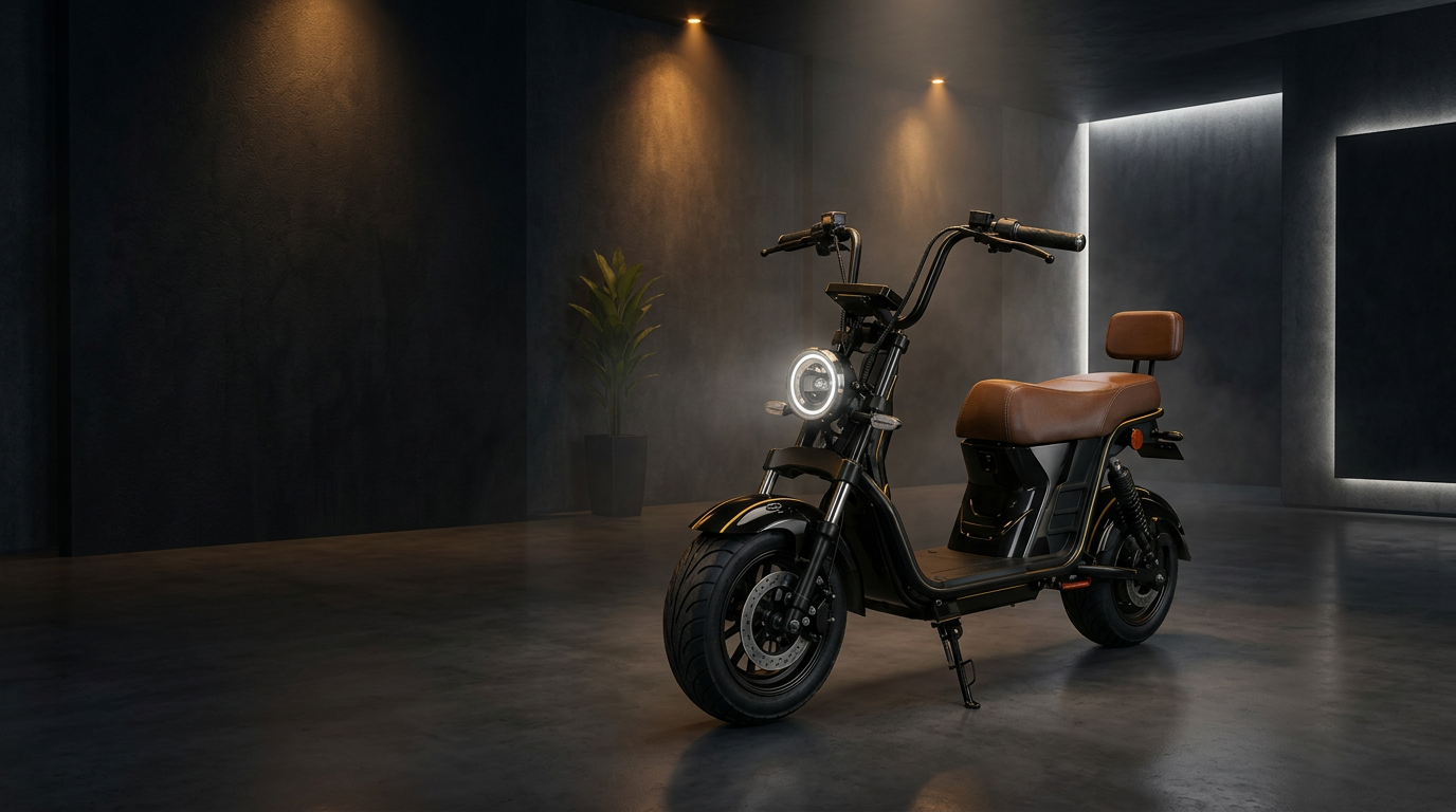 LEVVEL X13 — scooter elétrica em showroom premium com iluminação cinematográfica